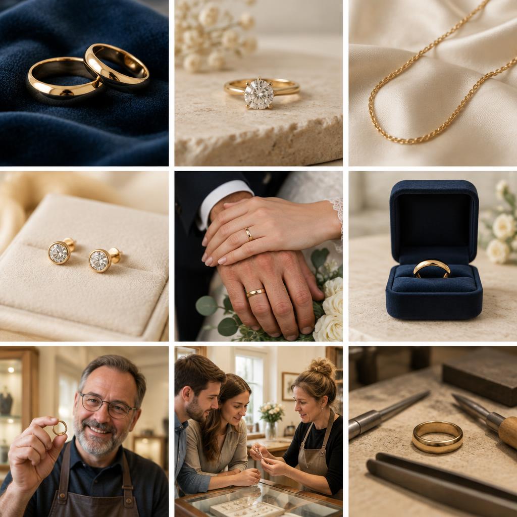 Stimmiger Instagram-Feed mit neun Fotos in Creme, Gold und Dunkelblau: Schmuckstücke, Brautpaar-Hände, ein lachender Juwelier mit Ring und eine Goldschmiedin im Gespräch mit einem Paar