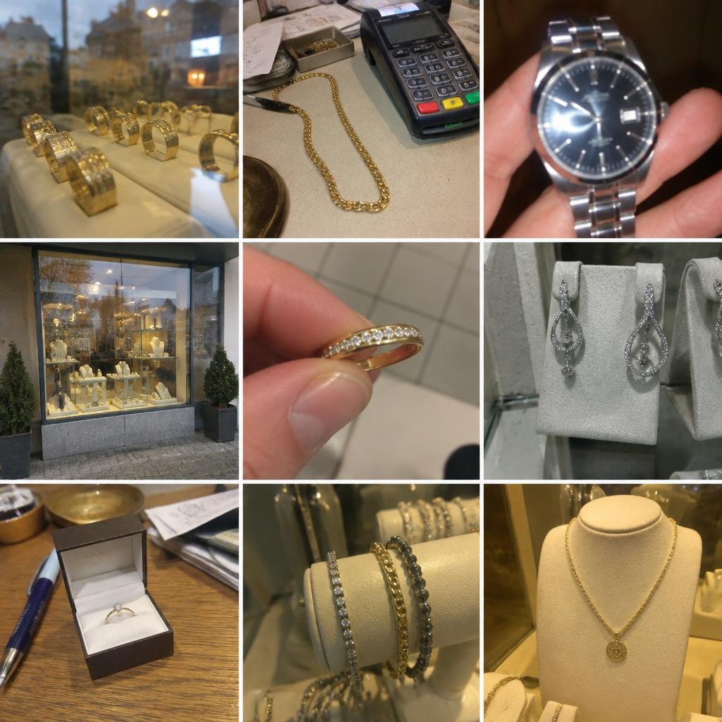 Neun uneinheitliche Handyfotos eines kleinen Juweliergeschäfts: Schmuck hinter spiegelndem Glas, Kette neben Kartenterminal, Uhr mit Blitz und weitere Ladenaufnahmen